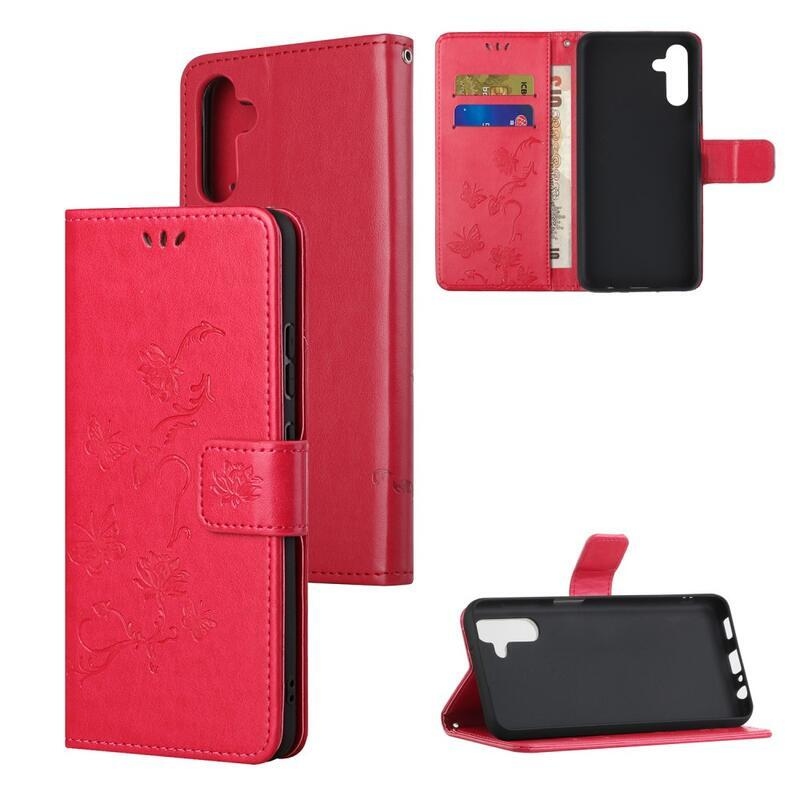 Flower PU kožené peněženkové pouzdro na mobil Samsung Galaxy A13 5G/Galaxy A04s (164.7 x 76.7 x 9.1 mm) - červené
