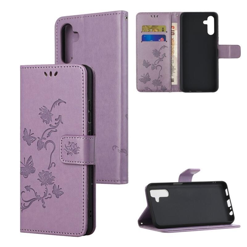 Flower PU kožené peněženkové pouzdro na mobil Samsung Galaxy A13 5G/Galaxy A04s (164.7 x 76.7 x 9.1 mm) - světlefialové