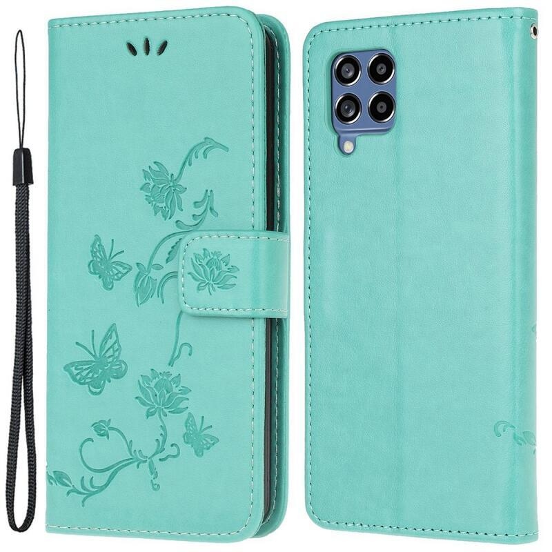 Flower PU kožené peněženkové pouzdro na mobil Samsung Galaxy M53 5G - modrozelené