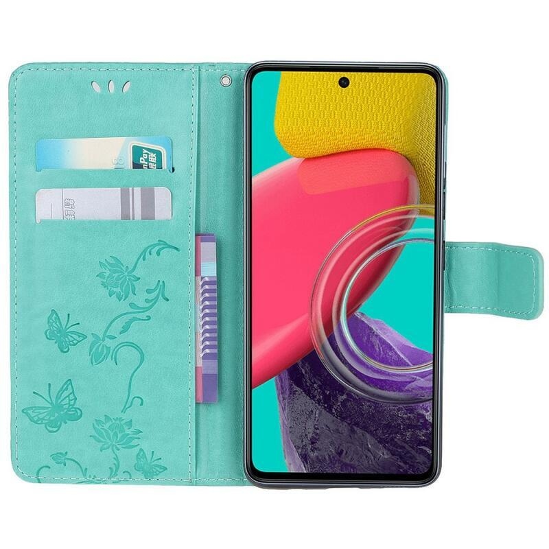 Flower PU kožené peněženkové pouzdro na mobil Samsung Galaxy M53 5G - modrozelené