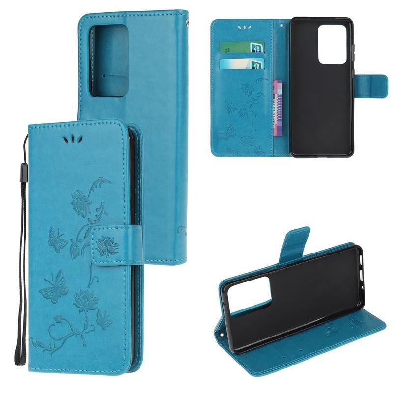 Flower PU kožené peněženkové pouzdro na mobil Samsung Galaxy S20 Ultra - modré