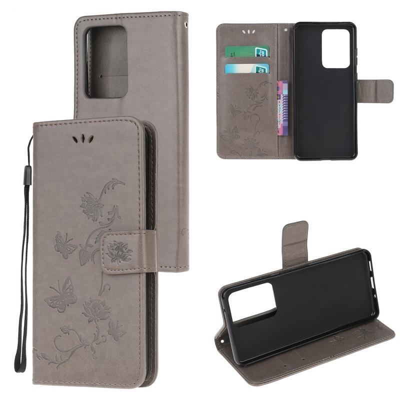 Flower PU kožené peněženkové pouzdro na mobil Samsung Galaxy S20 Ultra - šedé