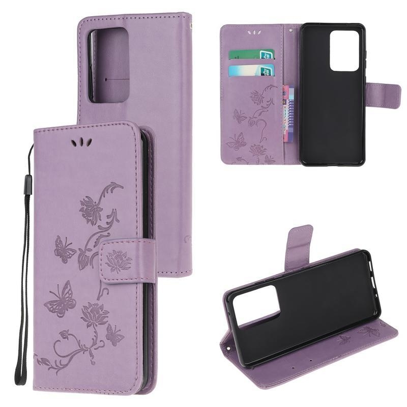 Flower PU kožené peněženkové pouzdro na mobil Samsung Galaxy S20 Ultra - světlefialové