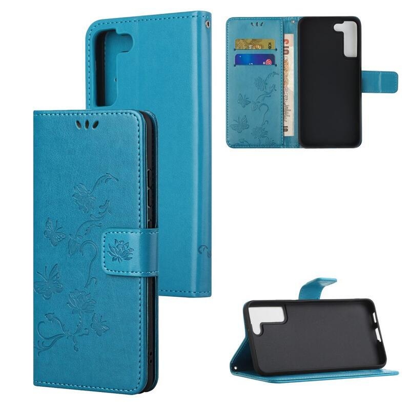 Flower PU kožené peněženkové pouzdro na mobil Samsung Galaxy S22 5G - modrá