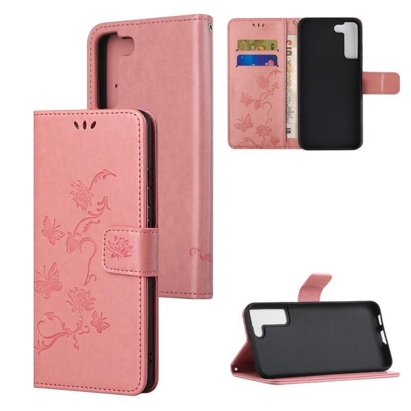 Flower PU kožené peněženkové pouzdro na mobil Samsung Galaxy S22 5G - růžové
