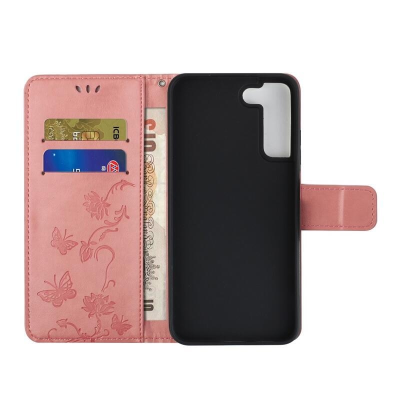 Flower PU kožené peněženkové pouzdro na mobil Samsung Galaxy S22 5G - růžové