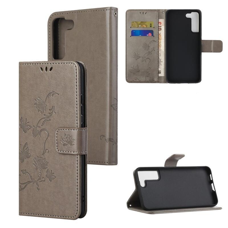 Flower PU kožené peněženkové pouzdro na mobil Samsung Galaxy S22 5G - šedé