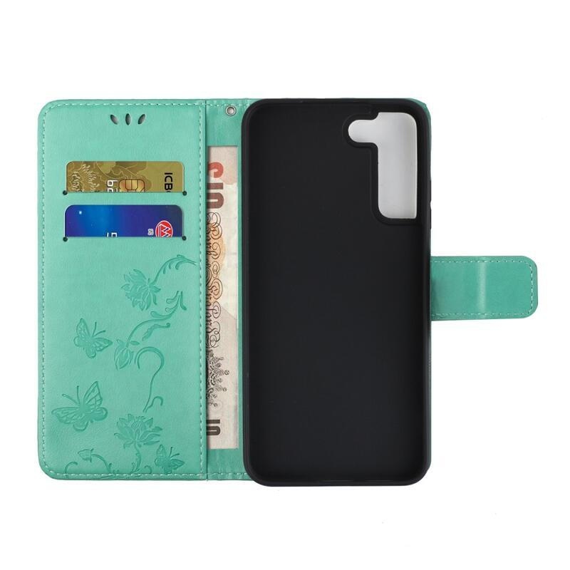 Flower PU kožené peněženkové pouzdro na mobil Samsung Galaxy S22 5G - zelené