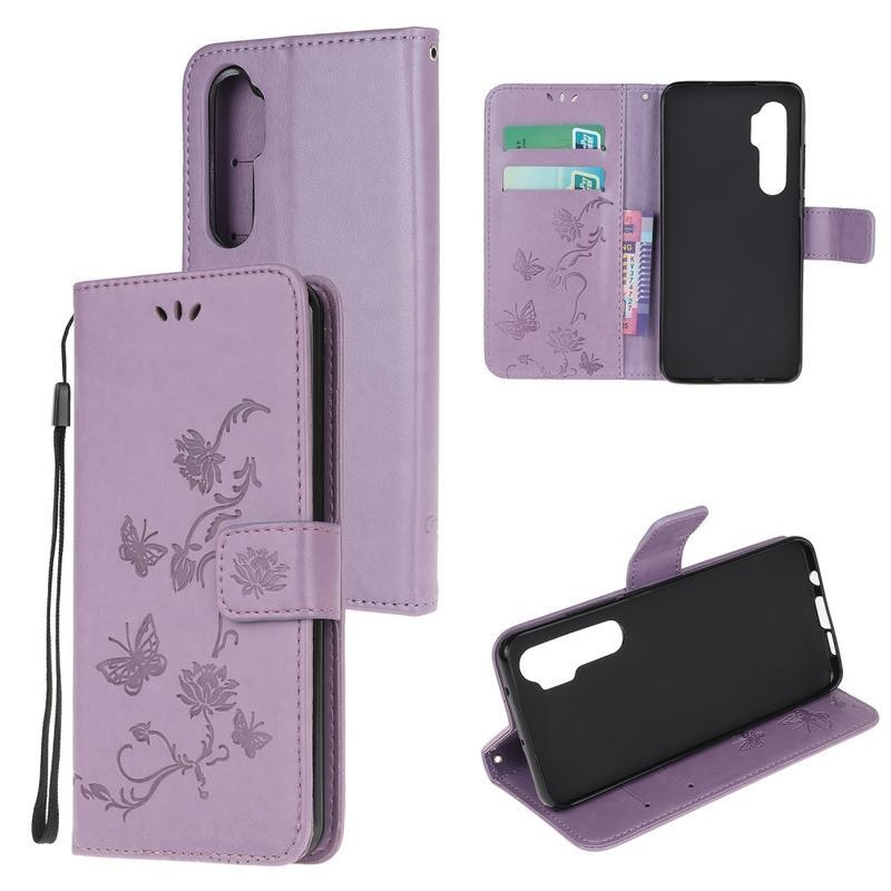 Flower PU kožené peněženkové pouzdro na mobil Xiaomi Mi Note 10 Lite - světlefialové
