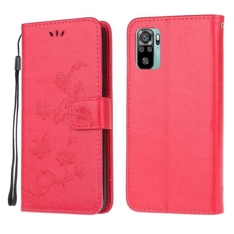 Flower PU kožené peněženkové pouzdro na mobil Xiaomi Redmi Note 10 4G/Redmi Note 10S/Poco M5s - červené