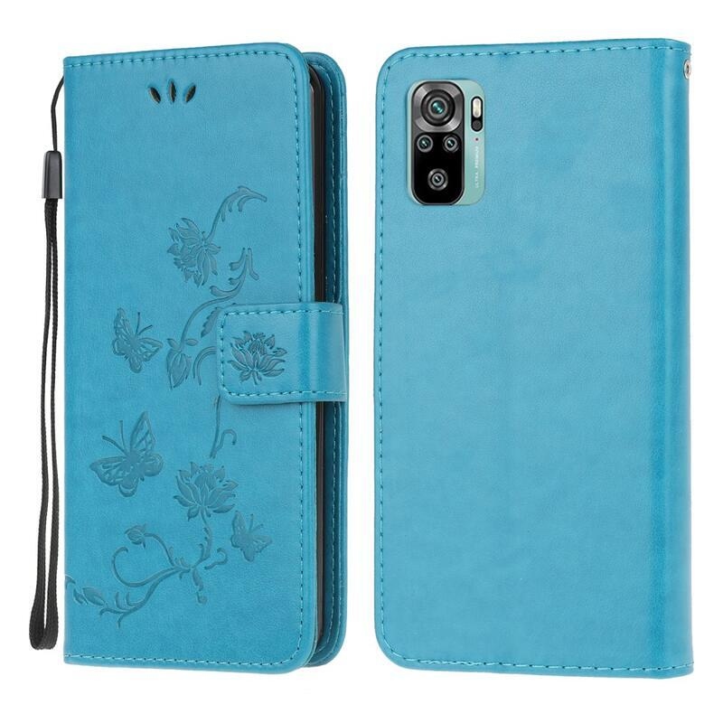Flower PU kožené peněženkové pouzdro na mobil Xiaomi Redmi Note 10 4G/Redmi Note 10S/Poco M5s - modré