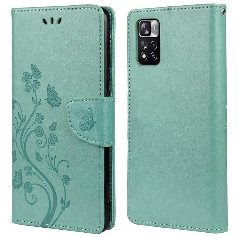 Flower PU kožené peněženkové pouzdro na mobil Xiaomi Redmi Note 11 Pro 4G/5G - modrozelené