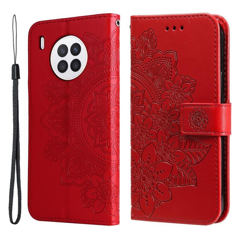 Flower PU kožené peněženkové pouzdro pro mobil Huawei Nova 8i/Honor 50 Lite - červené