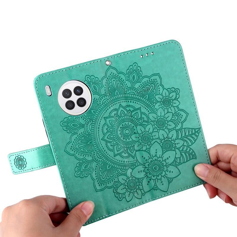 Flower PU kožené peněženkové pouzdro pro mobil Huawei Nova 8i/Honor 50 Lite - zelené