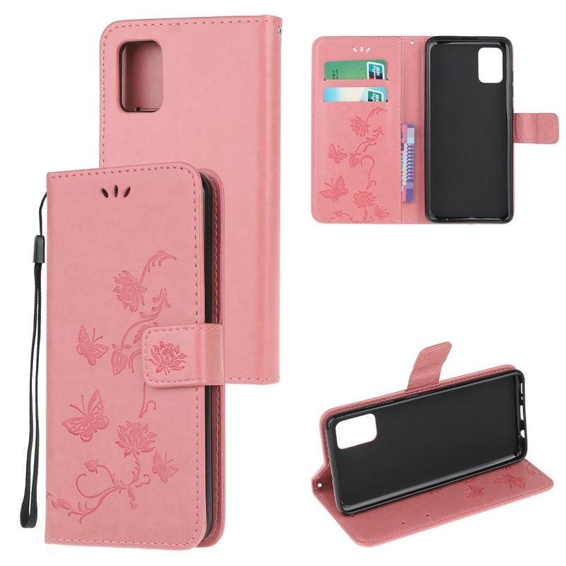 Flower PU kožené peněženkové pouzdro pro mobil Samsung Galaxy A51 - růžové