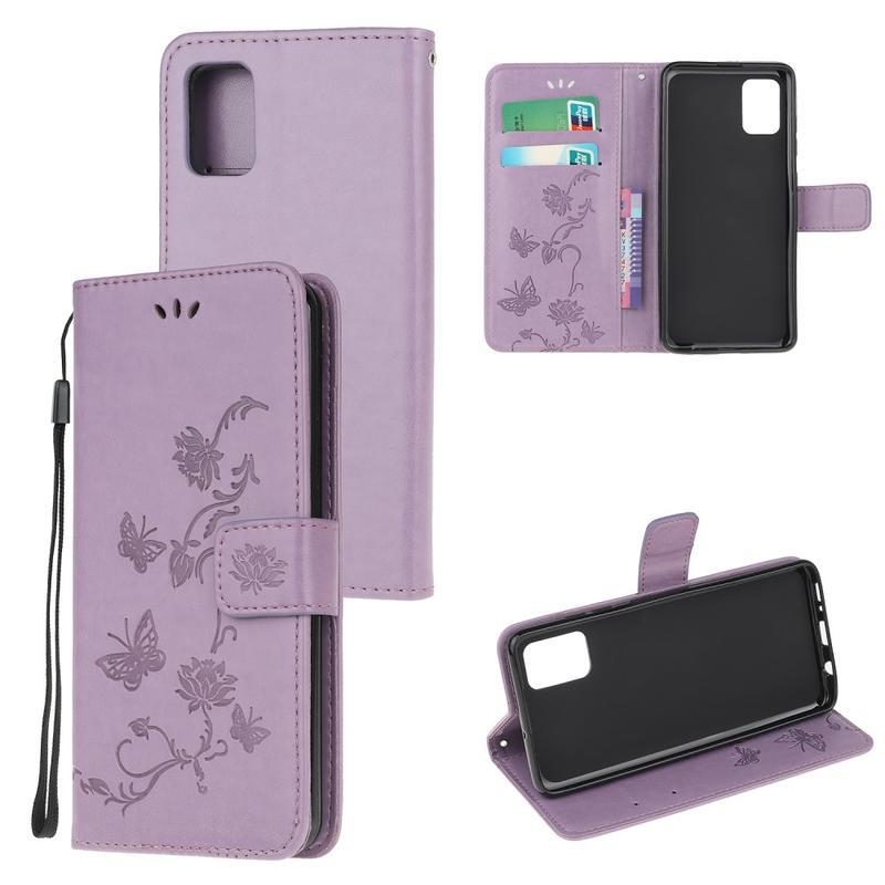 Flower PU kožené peněženkové pouzdro pro mobil Samsung Galaxy A51 - světlefialová