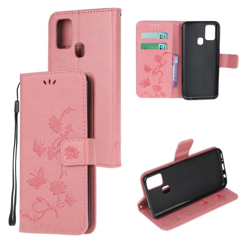 Flower PU kožené pouzdro na mobil Samsung Galaxy M21 - růžové