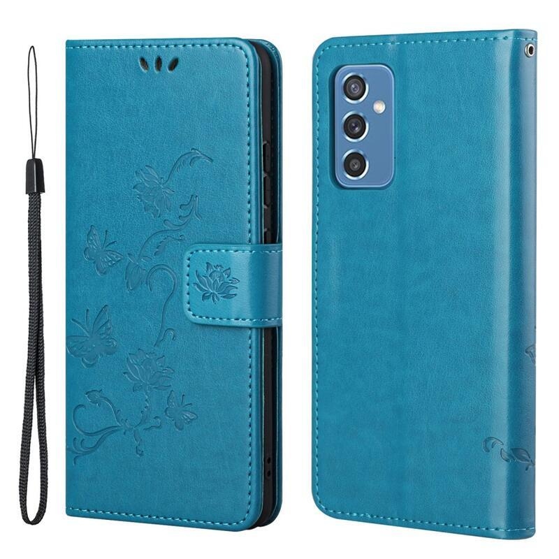 Flowers PU kožené peněženkové pouzdro na mobil Samsung Galaxy M52 5G - modré