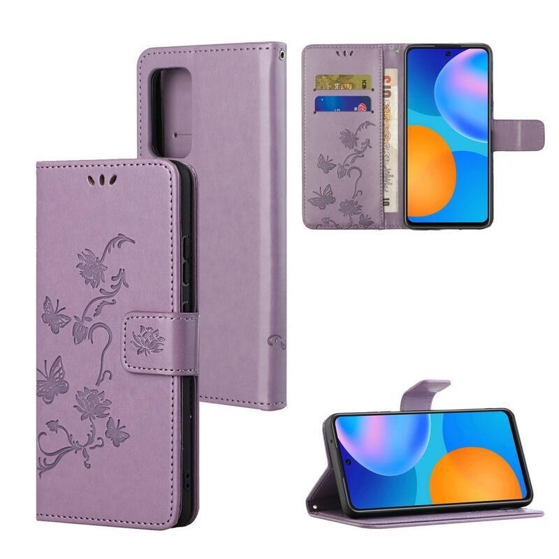Flowers PU kožené peněženkové pouzdro na mobil Samsung Galaxy M52 5G - světlefialové
