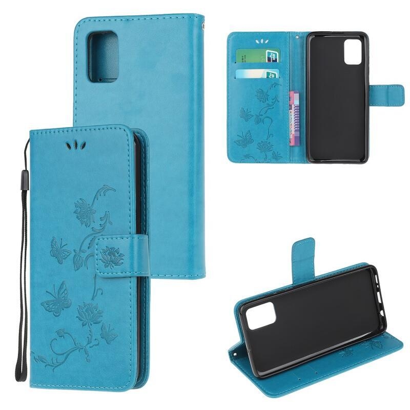 Flowers PU kožené peněženkové pouzdro na mobil Xiaomi Poco M3 - modré