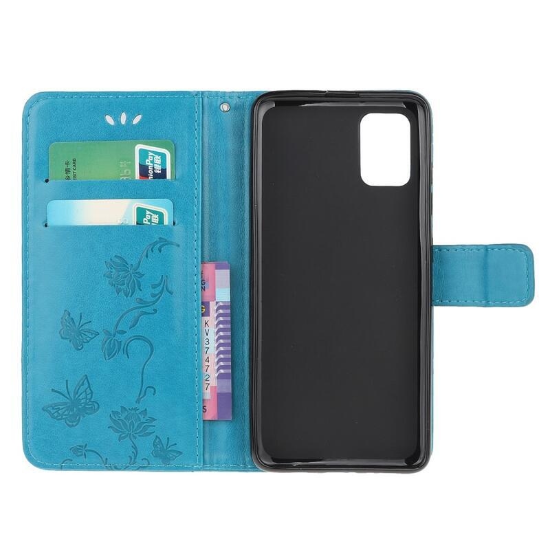 Flowers PU kožené peněženkové pouzdro na mobil Xiaomi Poco M3 - modré