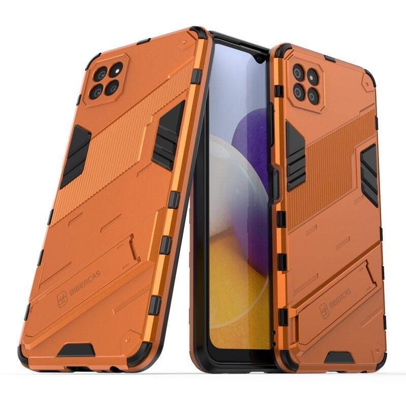 Fold odolný hybridný kryt s výklopným stojánkem na mobil Samsung Galaxy A22 5G - oranžový