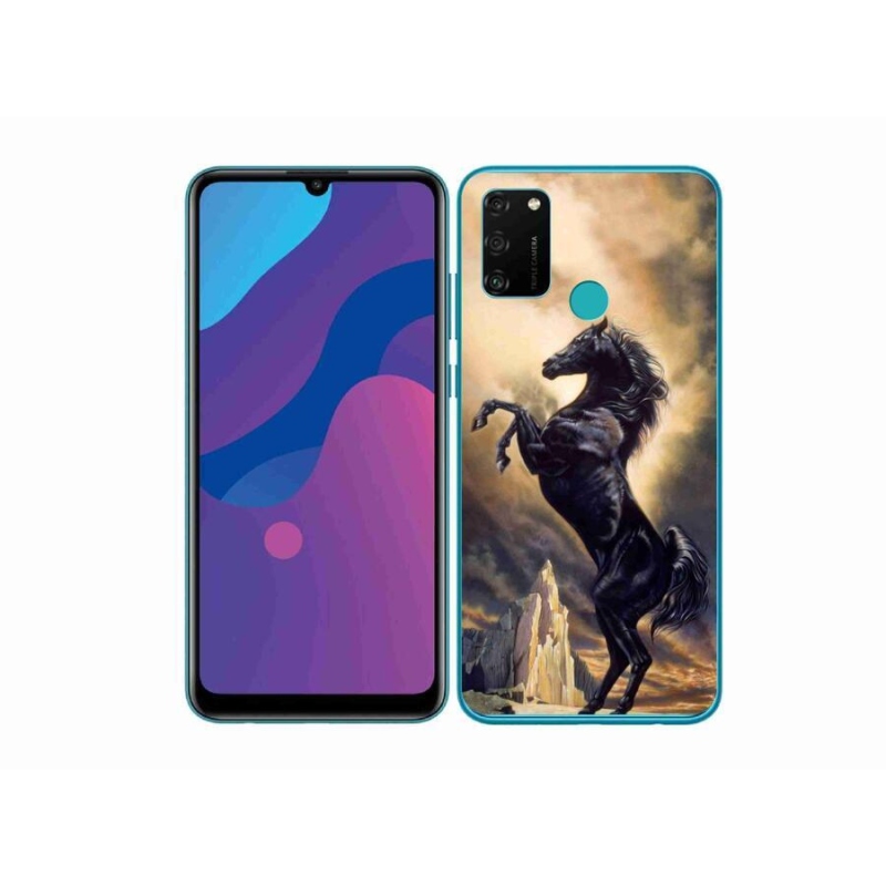 Gelový kryt mmCase na mobil Honor 9A - černý kreslený kůň
