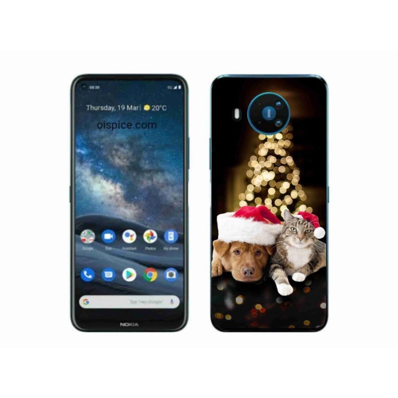 Gelový kryt mmCase na mobil Nokia 8.3 5G - vánoční pes a kočka