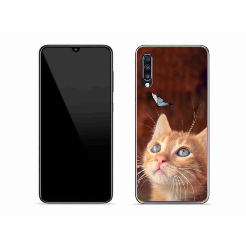 Gelový kryt mmCase na mobil Samsung Galaxy A70 - motýl a kotě