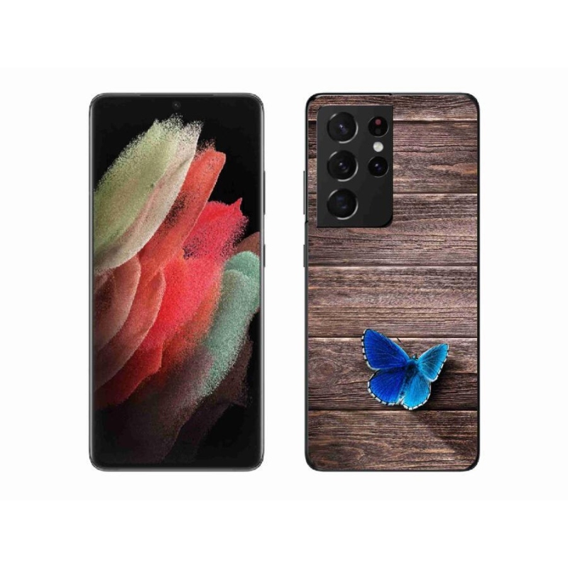 Gelový kryt mmCase na mobil Samsung Galaxy S21 Ultra 5G - modrý motýl 1
