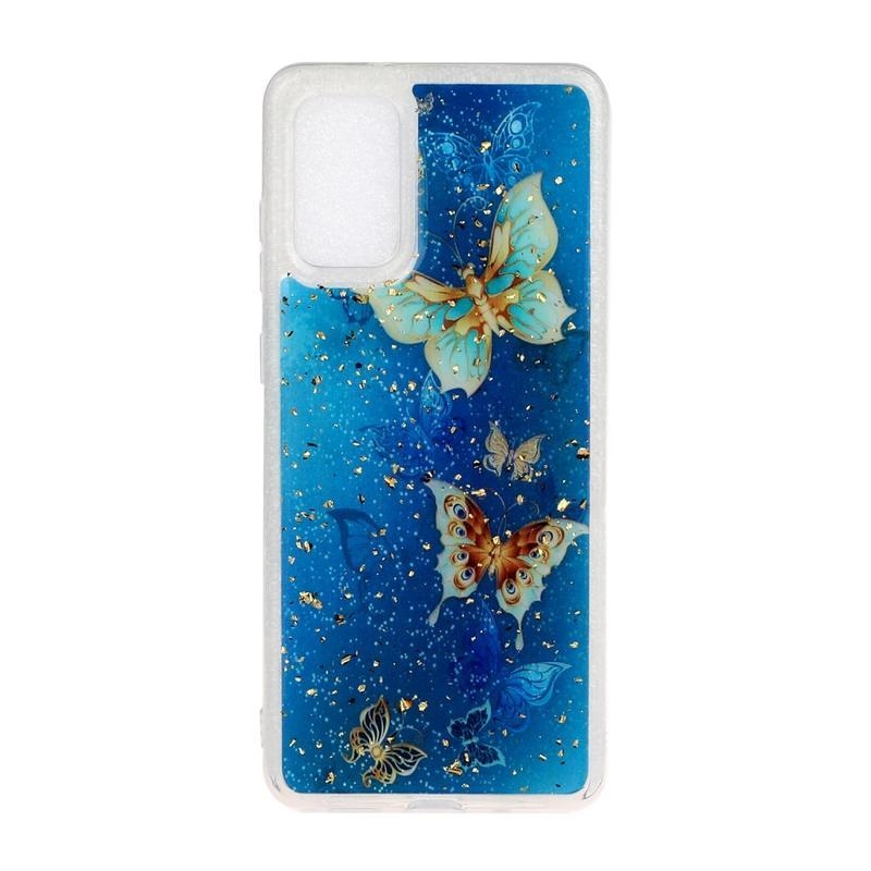Glitter gelový obal na mobil Samsung Galaxy S20 Plus - modrý motýl