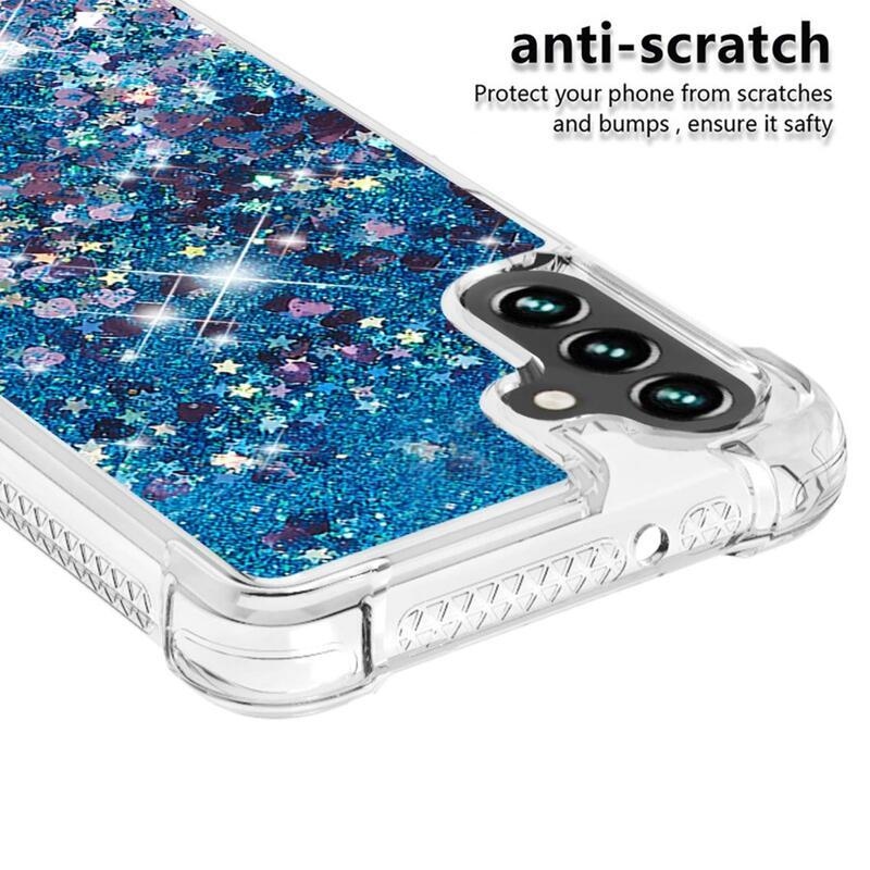 Glitter gelový přesýpací obal na mobil Samsung Galaxy A13 5G/Galaxy A04s (164.7 x 76.7 x 9.1 mm) - modrý/srdíčka
