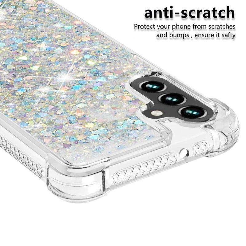 Glitter gelový přesýpací obal na mobil Samsung Galaxy A13 5G/Galaxy A04s (164.7 x 76.7 x 9.1 mm) - stříbrný/srdíčka