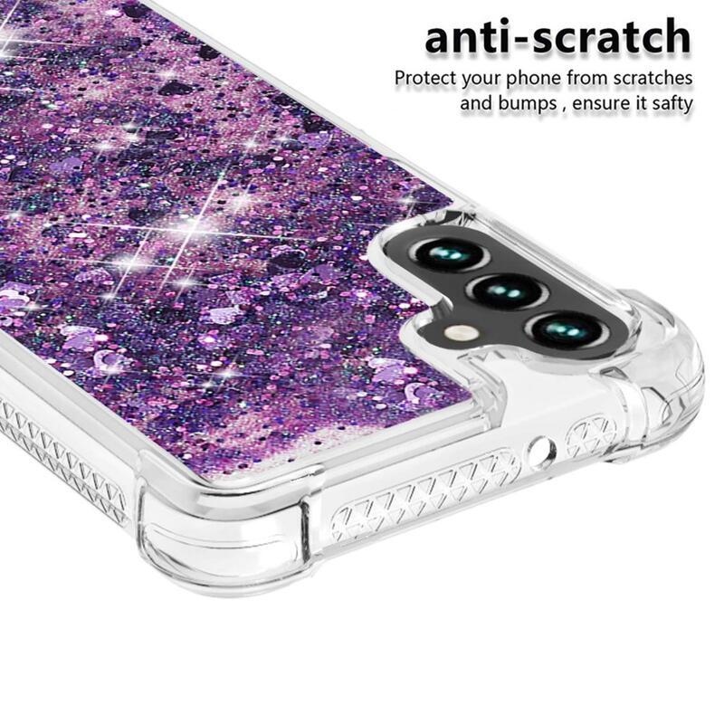 Glitter gelový přesýpací obal na mobil Samsung Galaxy A13 5G/Galaxy A04s (164.7 x 76.7 x 9.1 mm) - tmavěfialový/srdíčka
