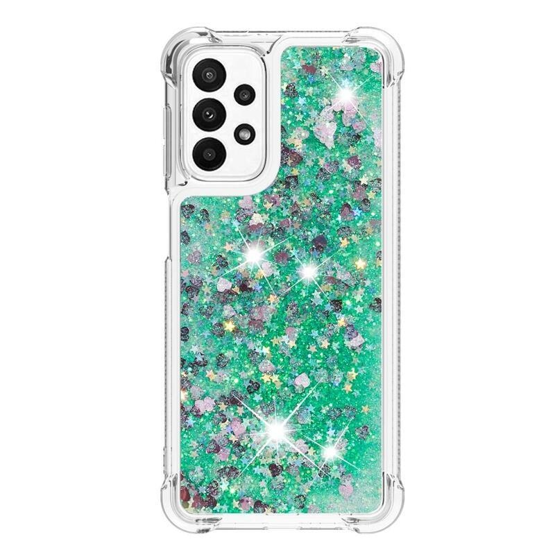 Glitter gelový přesýpací obal na mobil Samsung Galaxy A23 4G/5G - zelený/srdíčka
