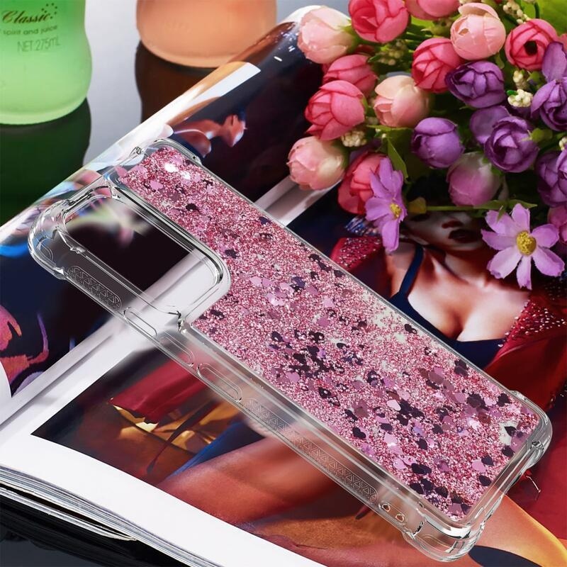Glitter gelový přesýpací obal na mobil Samsung Galaxy A53 5G - růžovozlatý/srdíčka