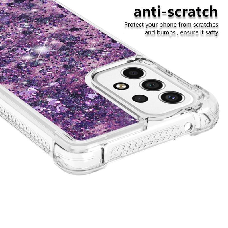 Glitter gelový přesýpací obal na mobil Samsung Galaxy A53 5G - tmavěfialový/srdíčka