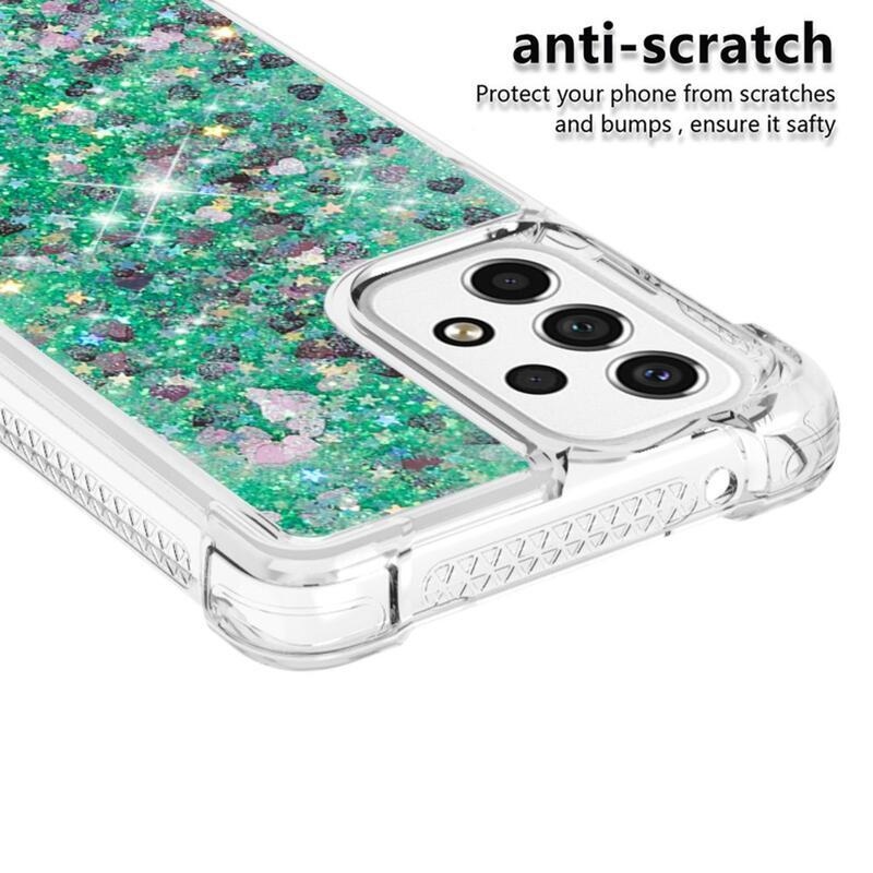 Glitter gelový přesýpací obal na mobil Samsung Galaxy A53 5G - zelený/srdíčka