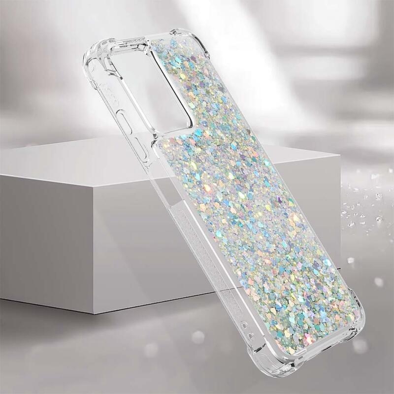Glitter gelový přesýpací obal na mobil Xiaomi Poco M4 5G - stříbrný/srdíčka