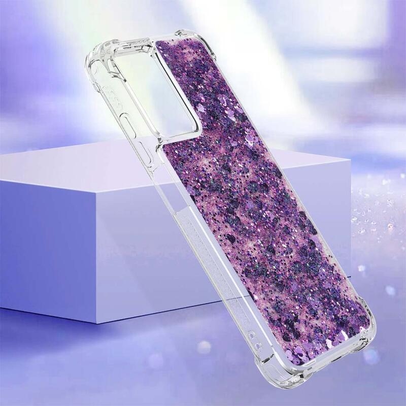 Glitter gelový přesýpací obal na mobil Xiaomi Redmi 10 5G - tmavěfialový/srdíčka