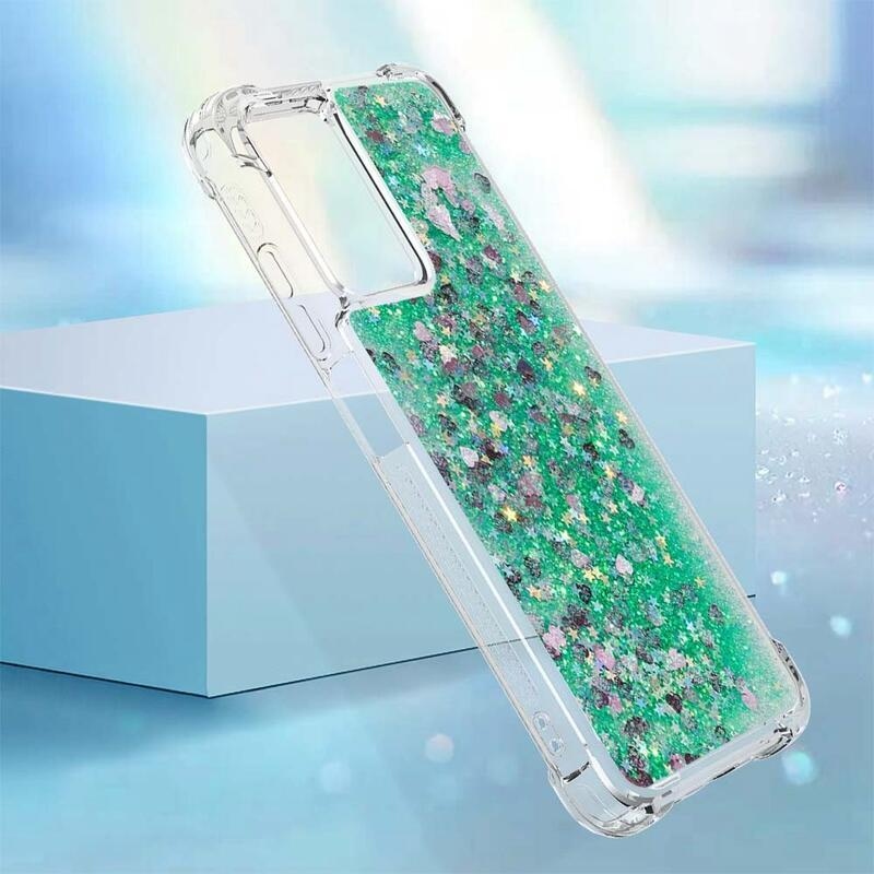 Glitter gelový přesýpací obal na mobil Xiaomi Redmi 10 5G - zelený/srdíčka