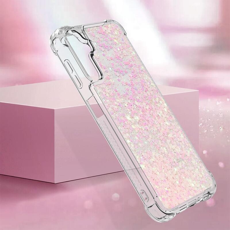 Glitter přesýpací gelový obal na Samsung Galaxy A14 4G/5G - růžový/hvězdičky
