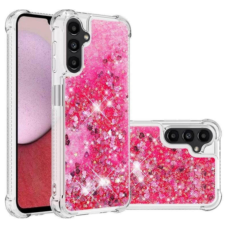 Glitter přesýpací gelový obal na Samsung Galaxy A14 4G/5G - růžový/srdíčka