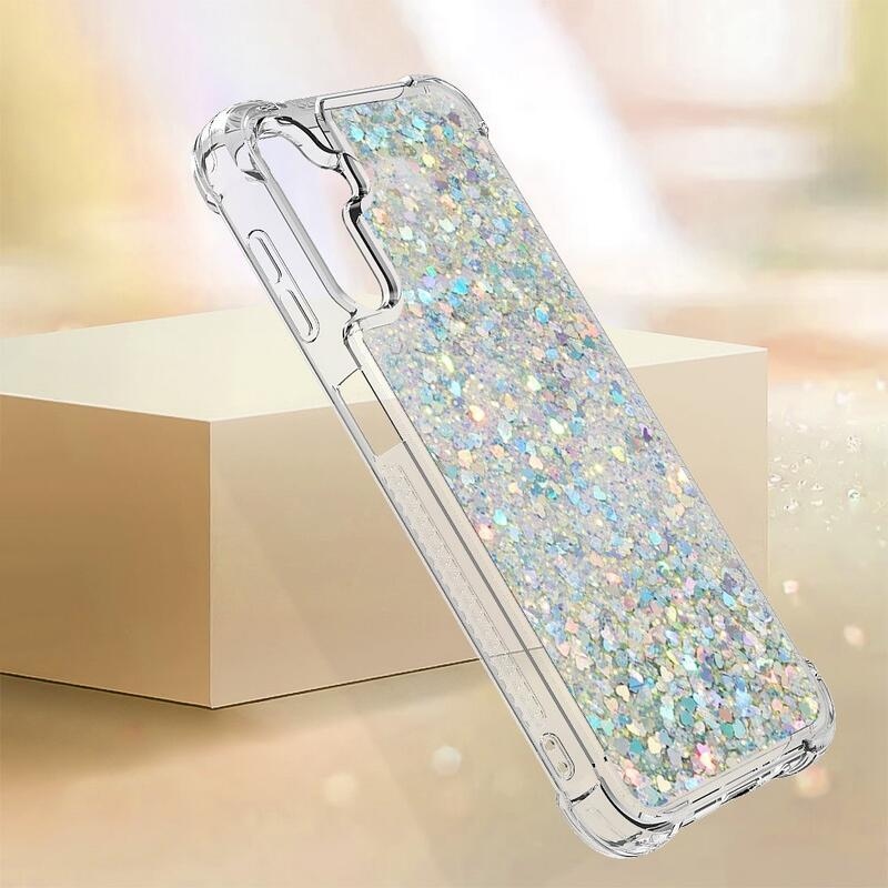 Glitter přesýpací gelový obal na Samsung Galaxy A14 4G/5G - stříbrný/srdíčka
