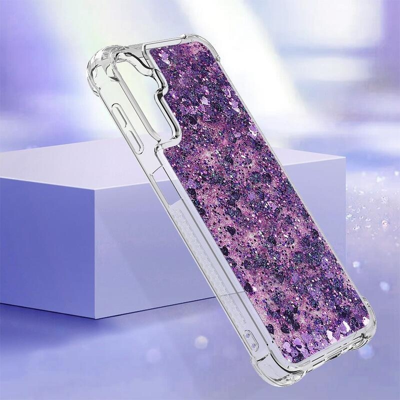 Glitter přesýpací gelový obal na Samsung Galaxy A14 4G/5G - tmavěfialový/srdíčka