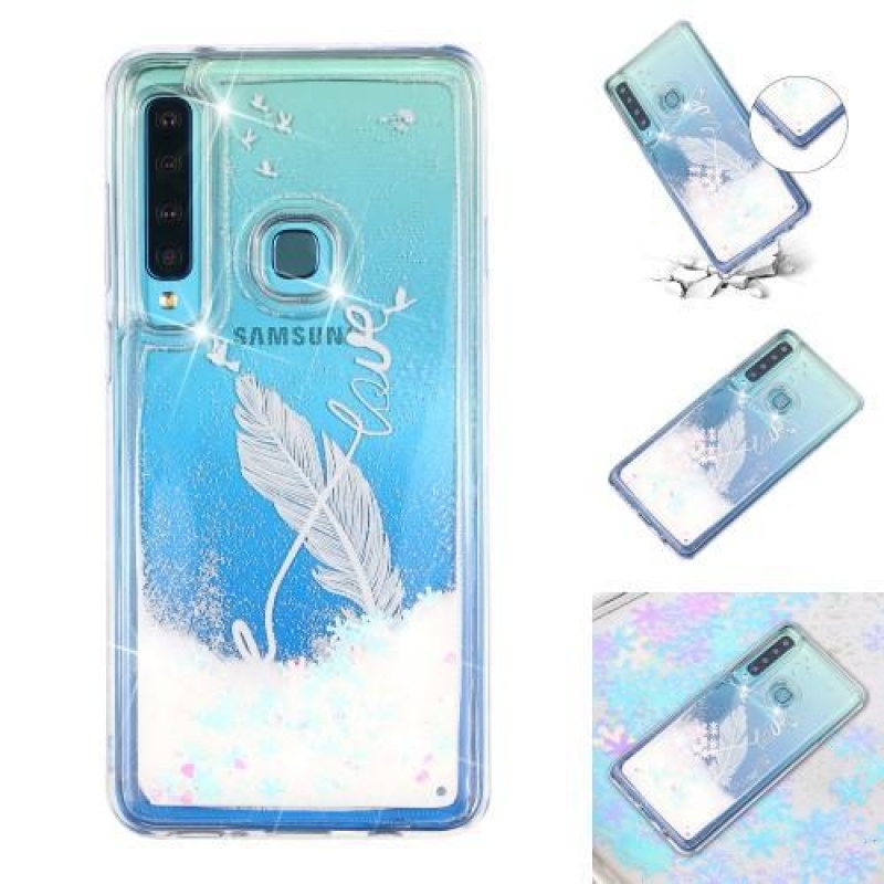 Glitter přesýpací gelový obal na Samsung Galaxy A9 - bílé pírko