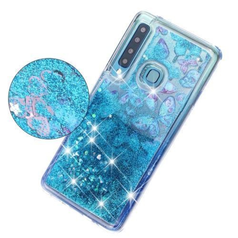 Glitter přesýpací gelový obal na Samsung Galaxy A9 - modrý motýl