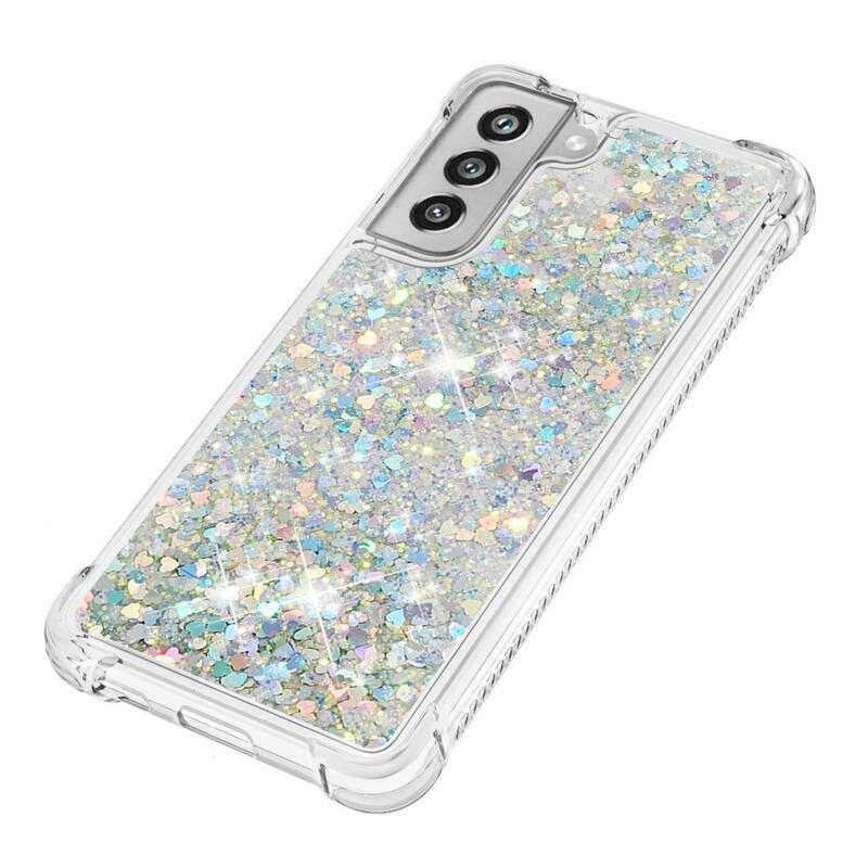 Glitter přesýpací gelový obal na Samsung Galaxy S21 FE 5G - stříbrný/srdíčka