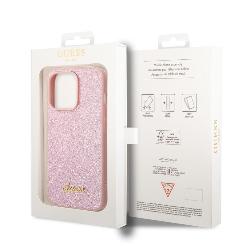 Guess flakes gelový obal s pevnými zády a logem na iPhone 14 Pro - růžový