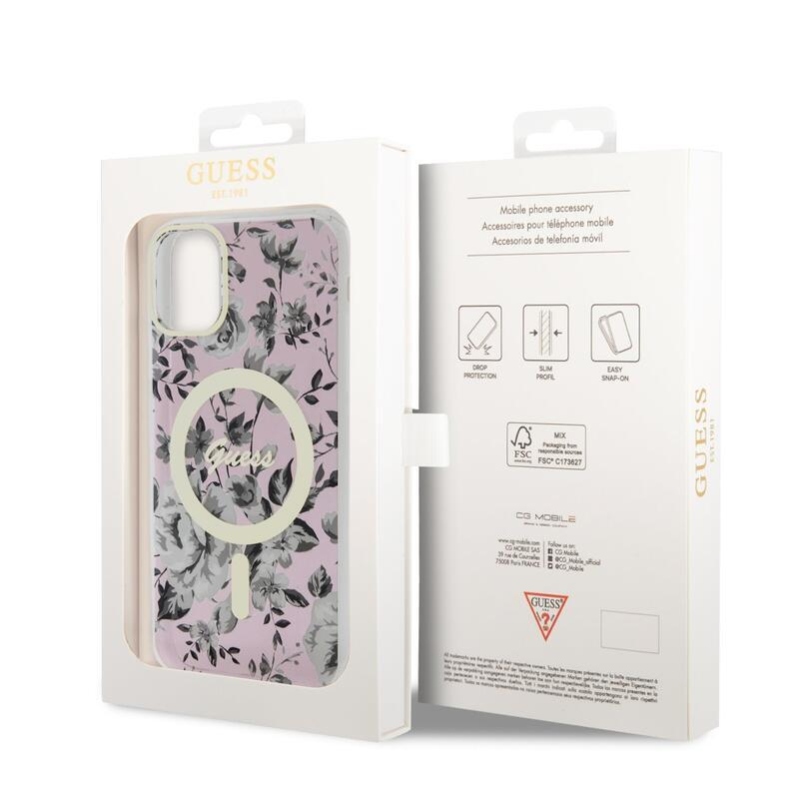 Guess flowers IML gelový obal s pevnými zády s MagSafe na iPhone 11 - růžový